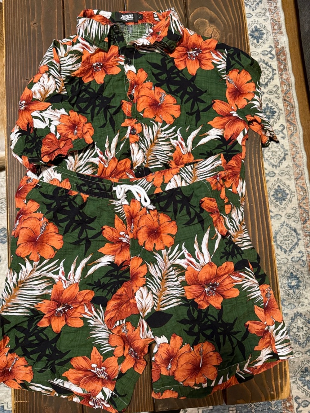 Tropical Floral Button-Up & Shorts Set - Orange Green